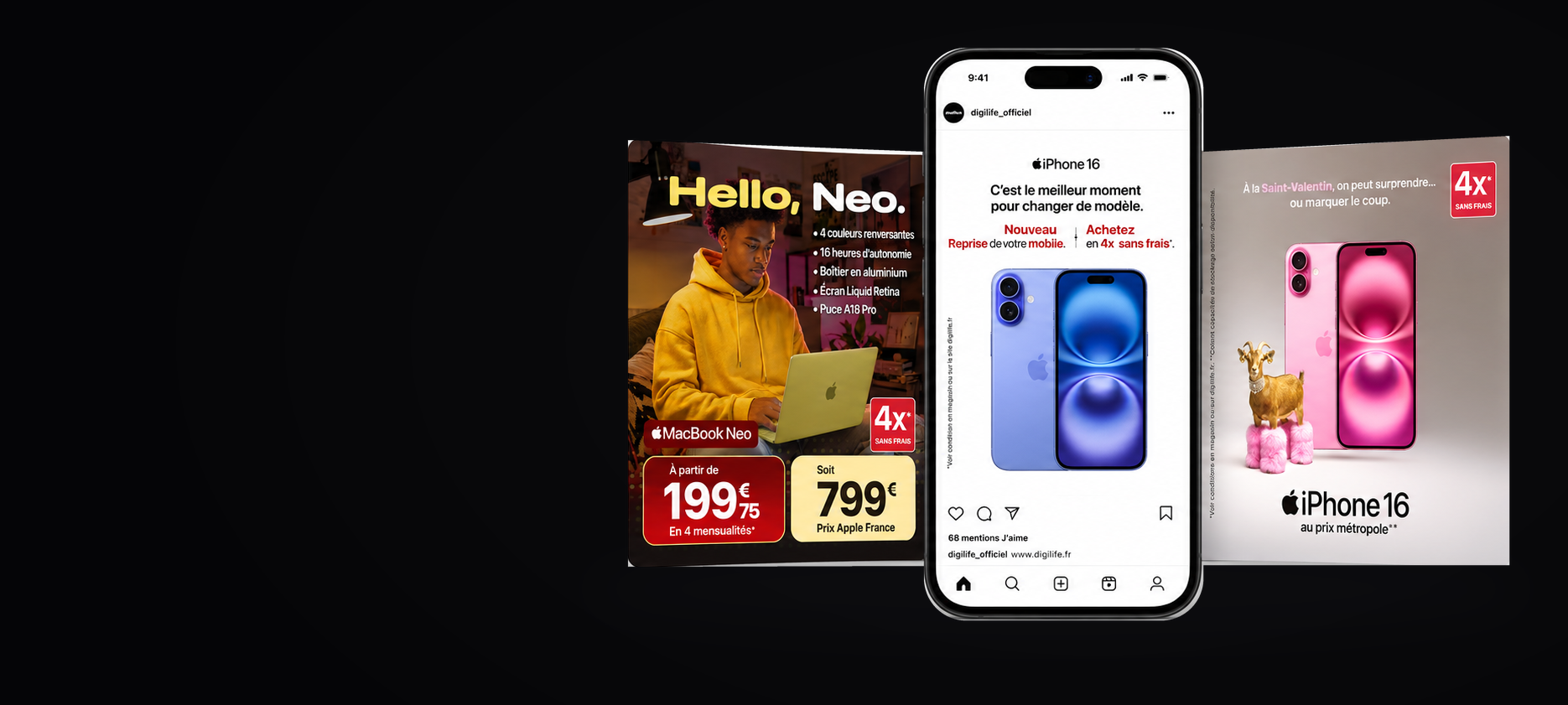 Composition Digilife réunissant le post Hello Neo, le mockup Instagram central et le post Saint-Valentin de l’iPhone 16