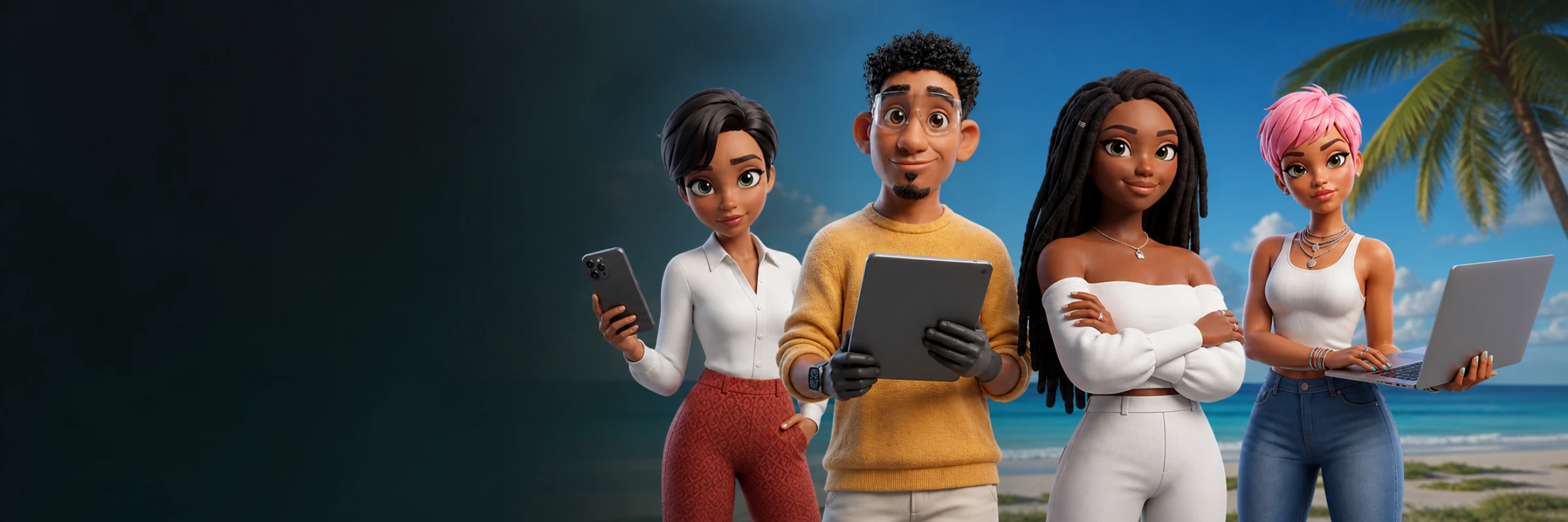Personnages LifeOn dans un univers caribéen inspiré des usages Apple
